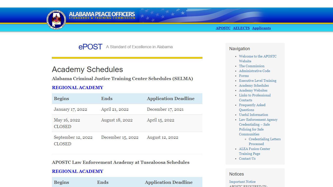 Academy Schedules – APOSTC - Alabama
